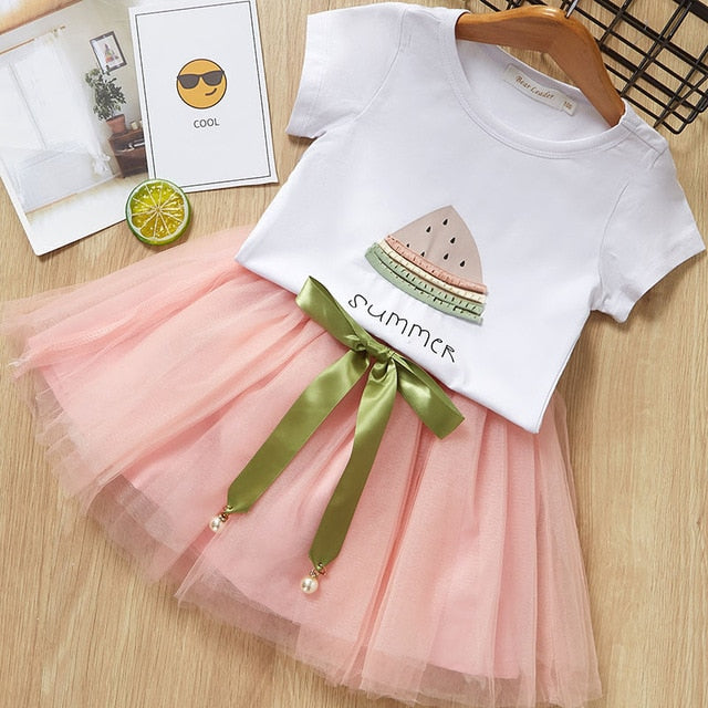 2Pcs Girls Short Sleeve Fashion T-Shirt & Tutu Dress