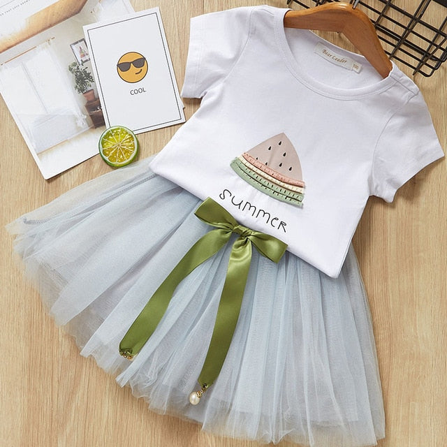 2Pcs Girls Short Sleeve Fashion T-Shirt & Tutu Dress