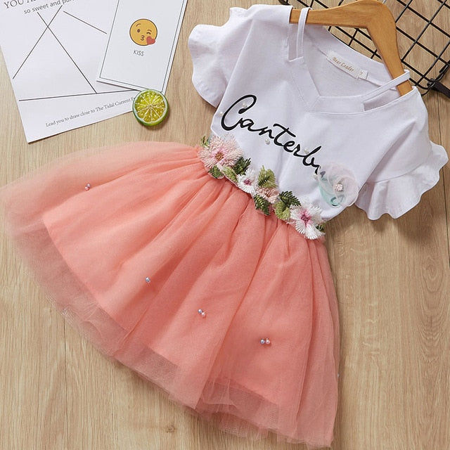 2Pcs Girls Short Sleeve Fashion T-Shirt & Tutu Dress