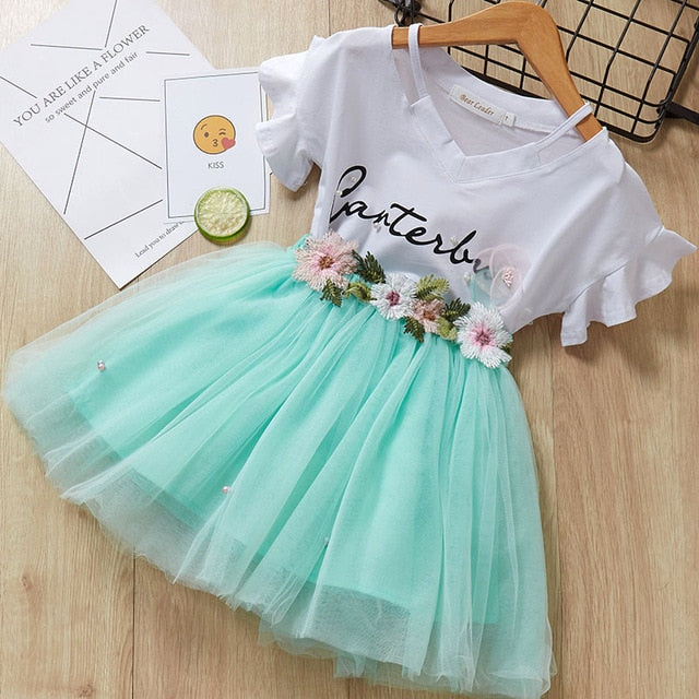 2Pcs Girls Short Sleeve Fashion T-Shirt & Tutu Dress