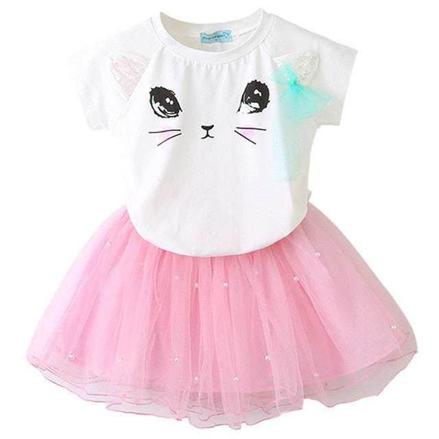 2Pcs Girls Short Sleeve Fashion T-Shirt & Tutu Dress