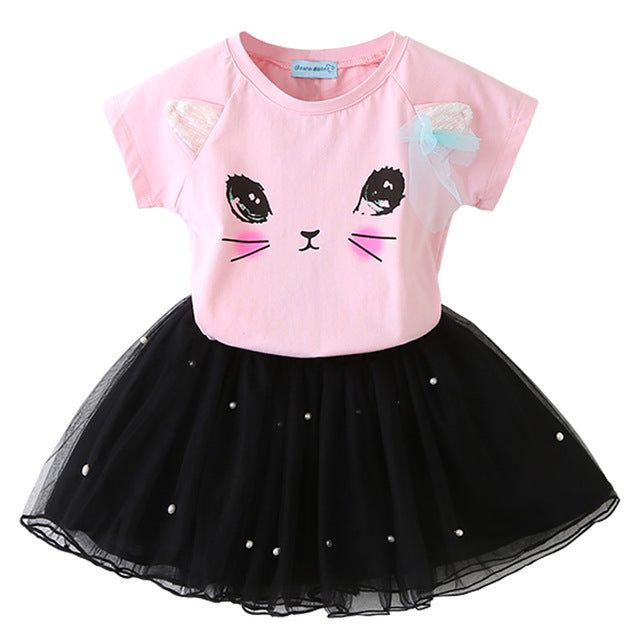 2Pcs Girls Short Sleeve Fashion T-Shirt & Tutu Dress