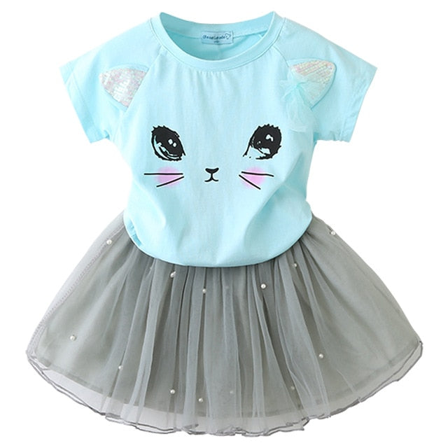 2Pcs Girls Short Sleeve Fashion T-Shirt & Tutu Dress
