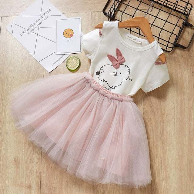 2Pcs Girls Short Sleeve Fashion T-Shirt & Tutu Dress