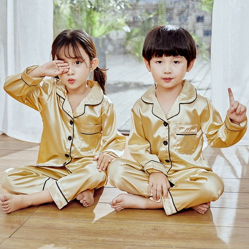 Autumn Winter 2 pcs/set Silk Pajamas Suit