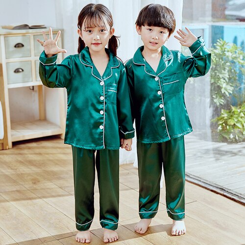 Autumn Winter 2 pcs/set Silk Pajamas Suit