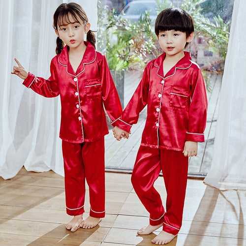 Autumn Winter 2 pcs/set Silk Pajamas Suit
