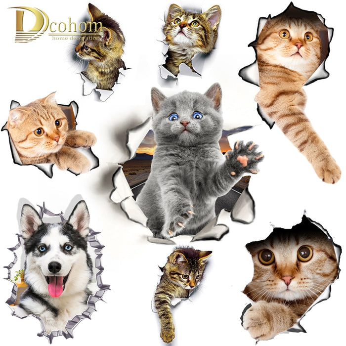 Hole View Cat Dog 3D Wall Sticker fort Kids Room Decoration Wall