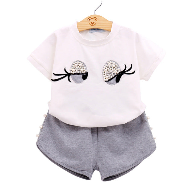 Lovely Long Eyelashes Tops + Pants Girls Clothing Set